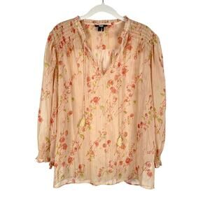 Paige Indira Sheer Floral Blouse Top Women L Metallic Stripe Afterglow Cream Red